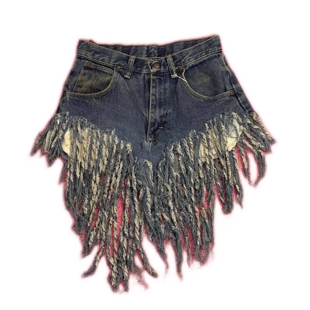 Wrangler high waisted fringe distressed denim jean shorts
